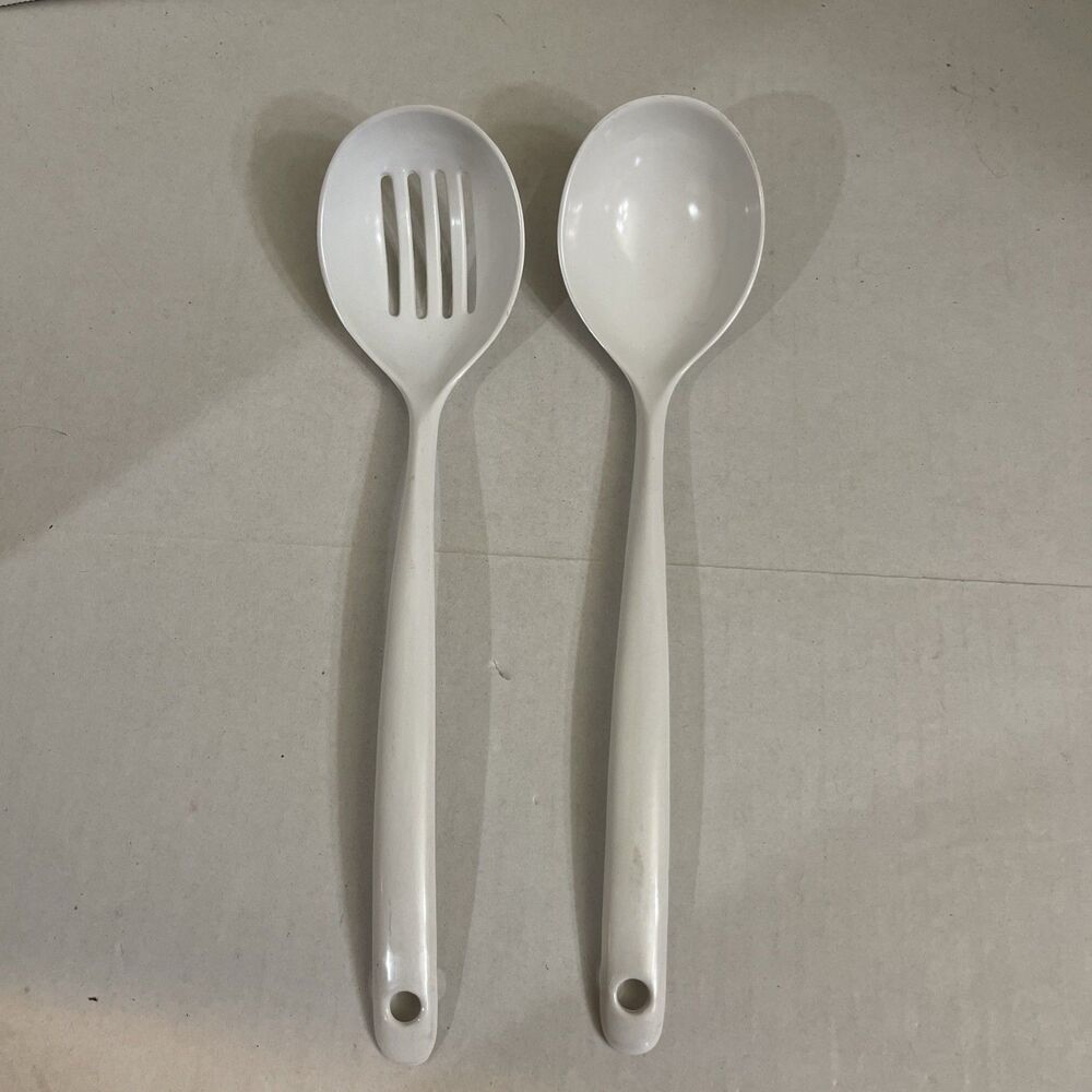 Set of 2 Vintage Copco White Melamine Solid & Slotted Serving Spoons 11.5" #2630